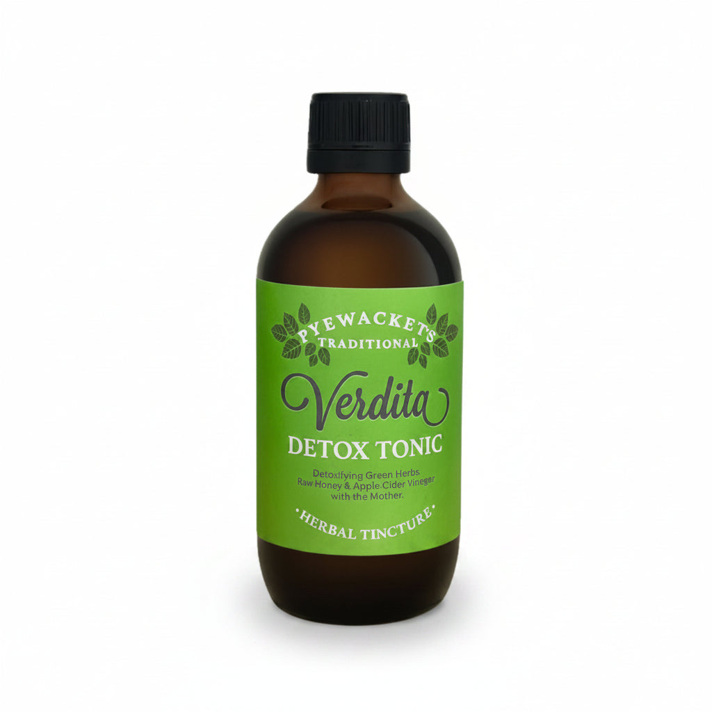 Bottle of Verdicta Detox Tonic with a green label on a white background