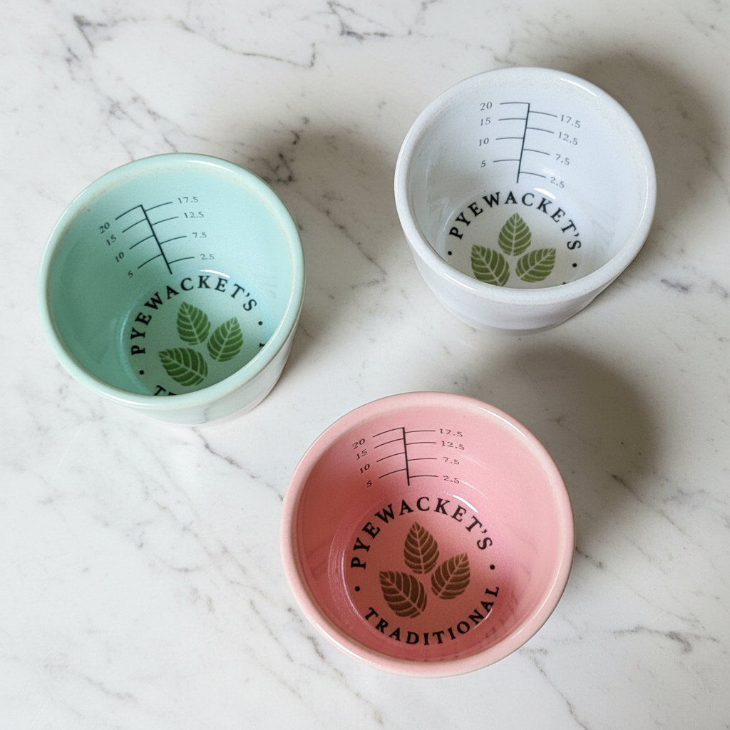 Three small ceramic herbal medicie cups in green, white, and pink with &
