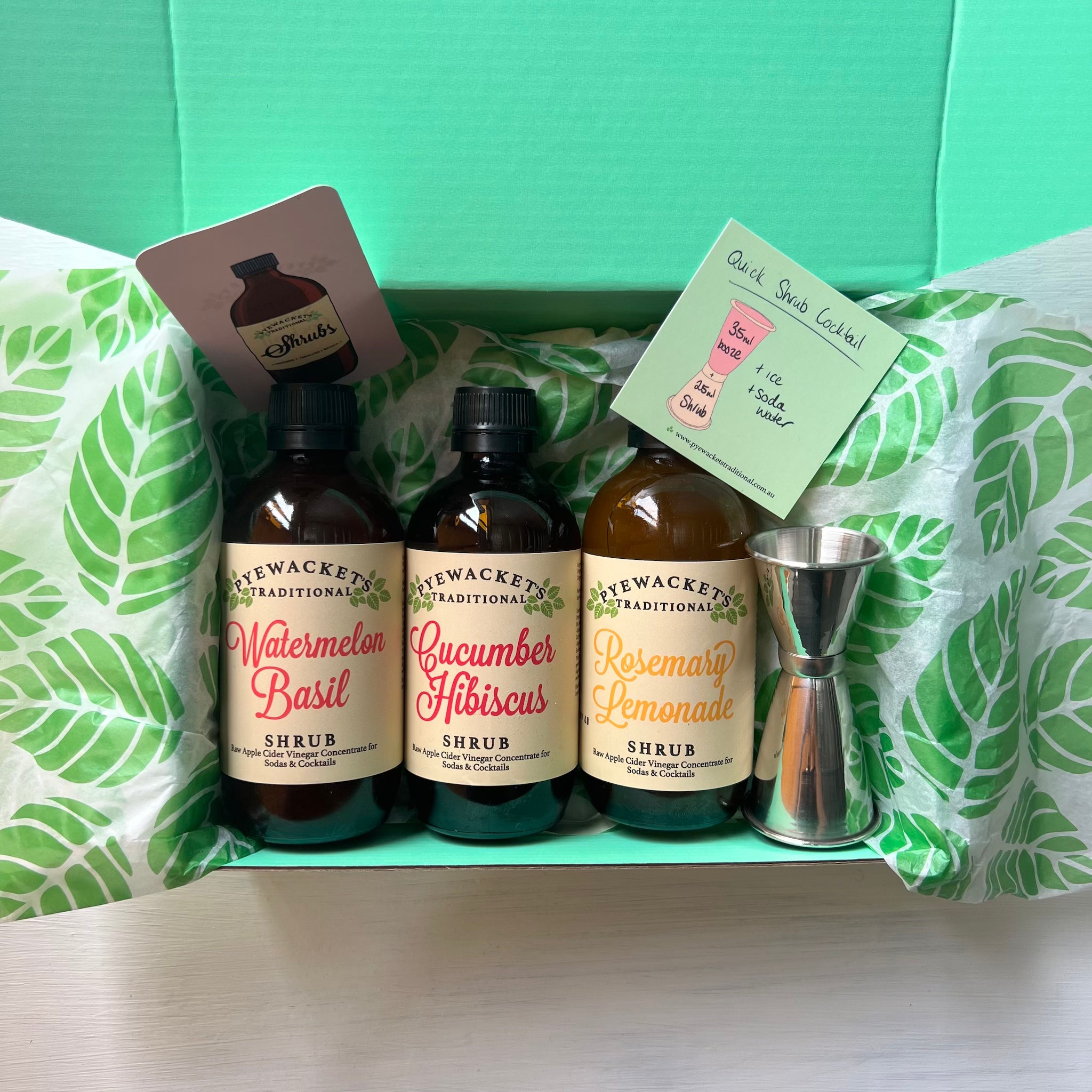 Watermelon Basil, Cucumber Hibiscus and Rosemary Lemonade shrubs in gift box