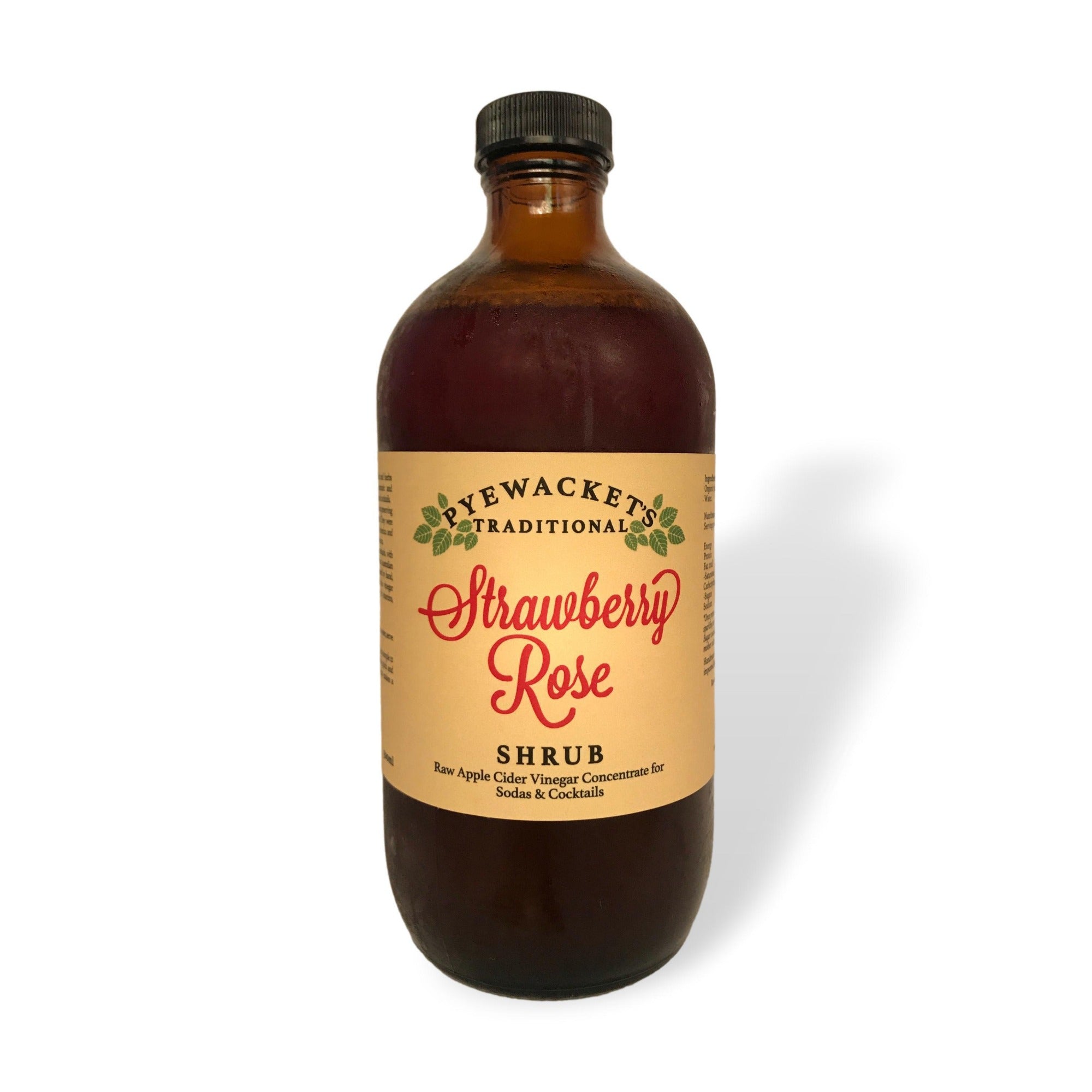 large bottle of strawberry rose shrub