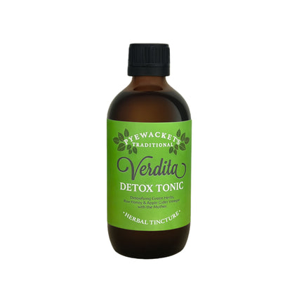 Bottle of Verdicta Detox Tonic with a green label on a white background