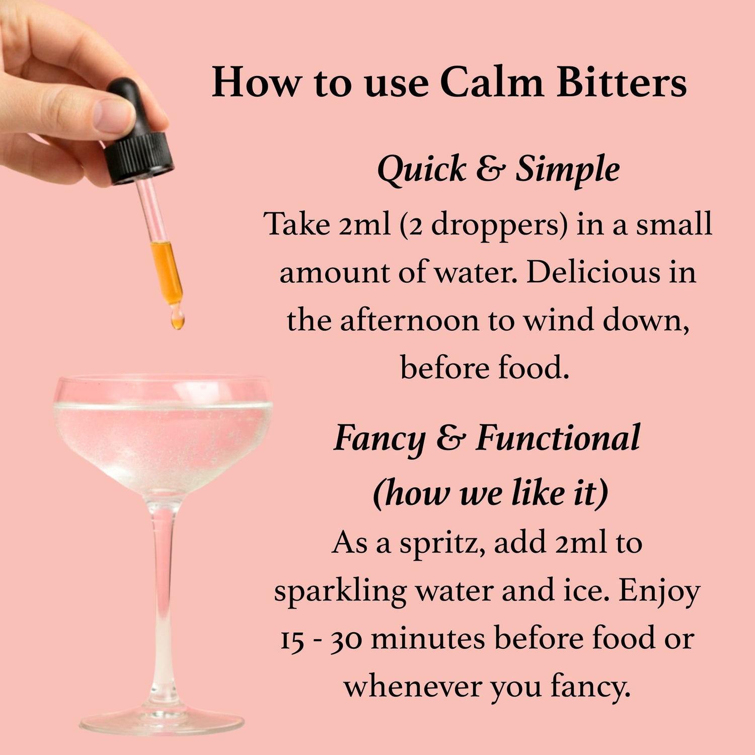 Instructions on how to use Calm Bitters with a dropper and glass on a pink background
