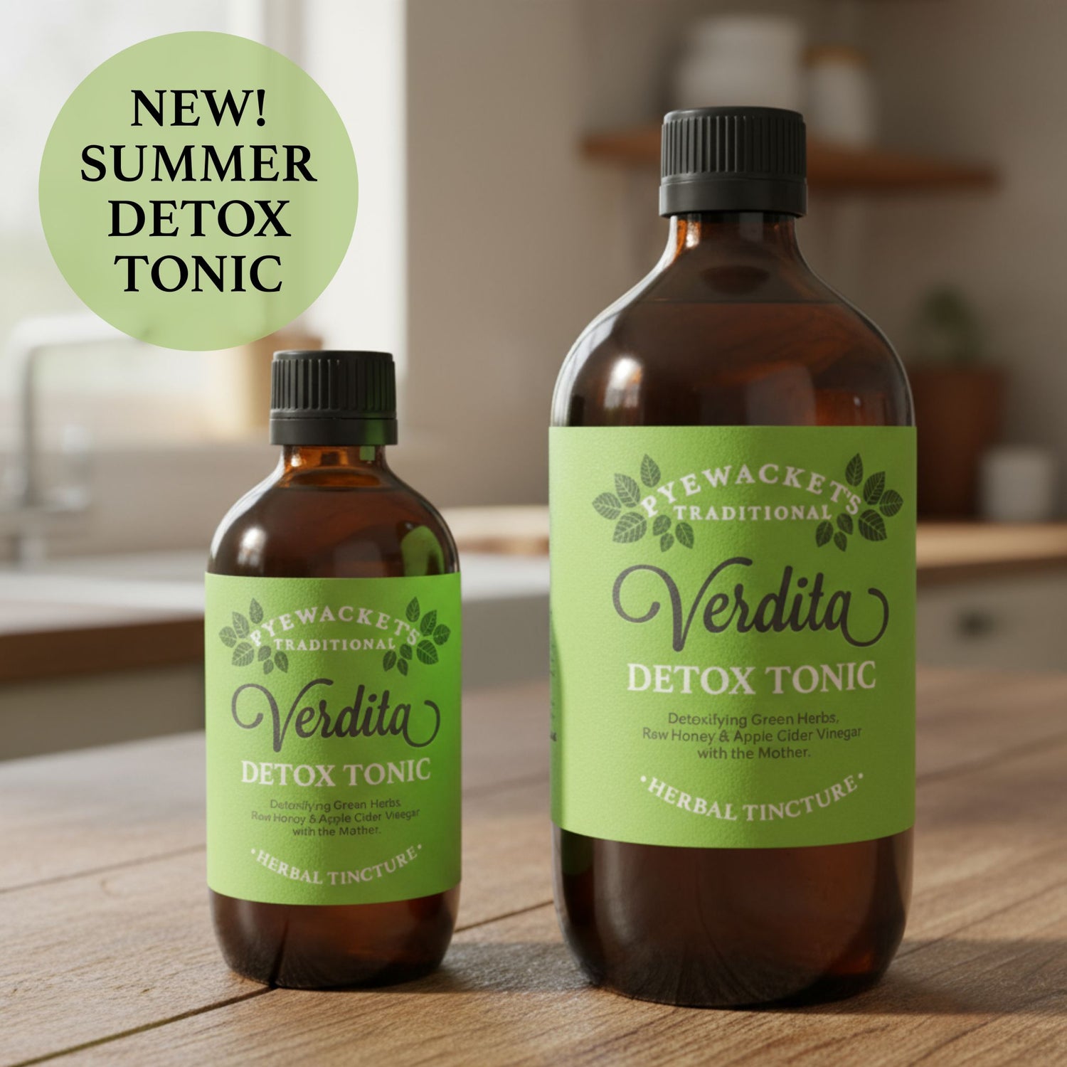 Two bottles of Pyewackets Traditional Verdita summer detox with new badge overlay