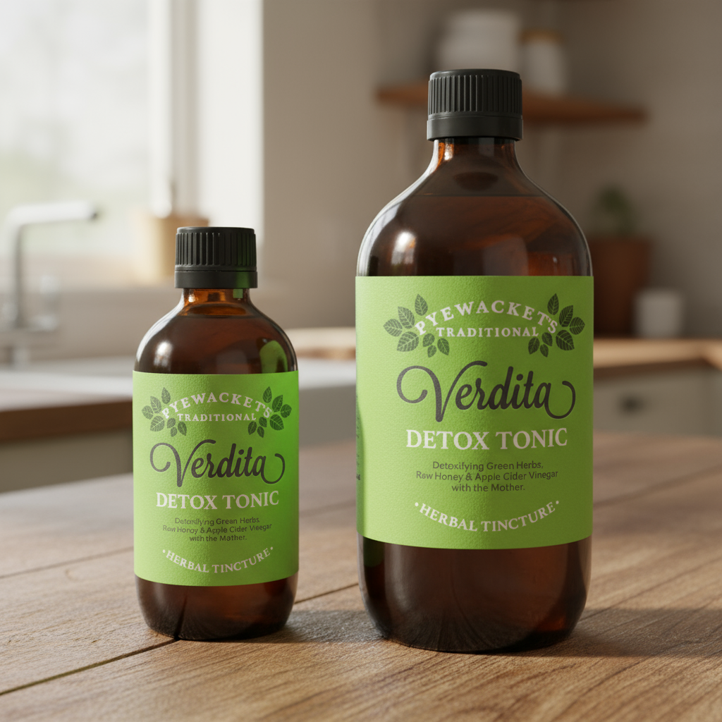 Two bottles of Verdicta Detox Tonic on a wooden surface with a kitchen background.