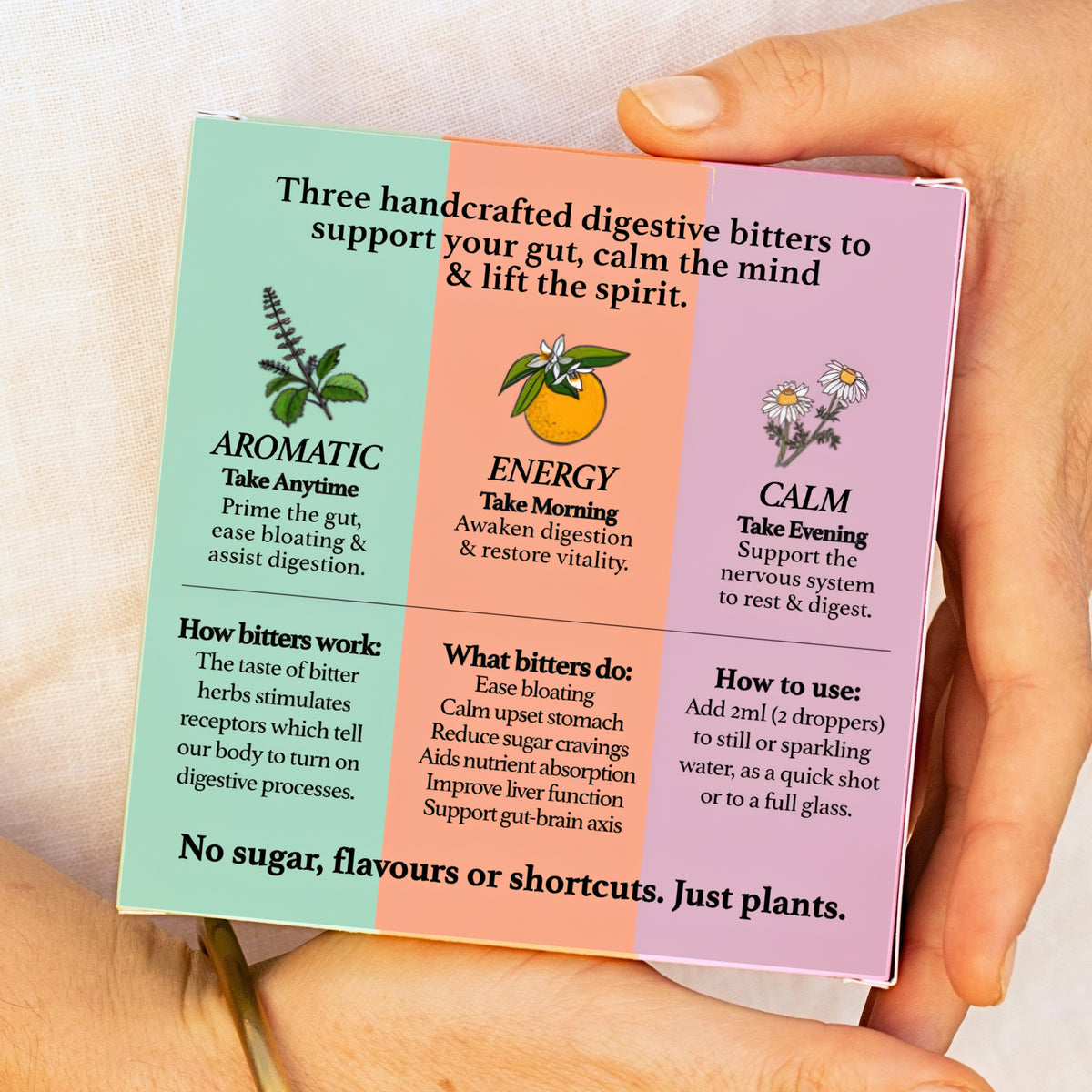 A hand holding a square product box for digestive bitters, showing the back panel with three color-blocked sections labeled Aromatic, Energy, and Calm, plus text explaining how bitters work and how to use them.